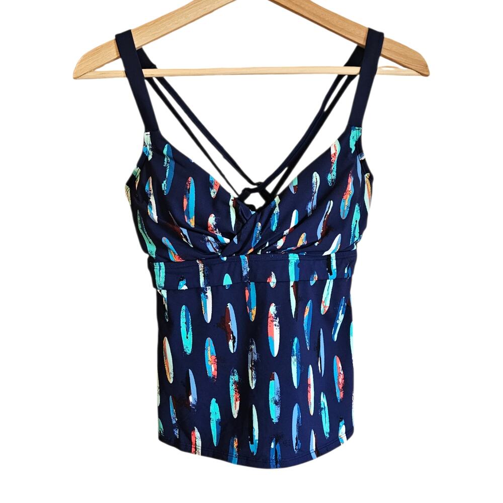 Title Nine Metis 34D Navy Blue Surfboard Print Underwire Tankini Swim Top